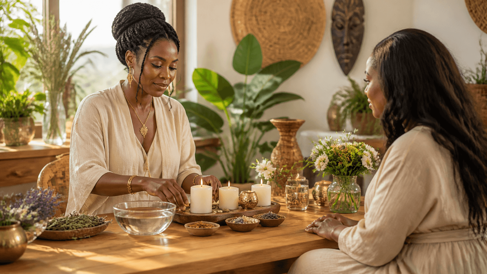 Lit candles glow beside colorful beaded necklaces and ritual objects on a dark wooden altar.